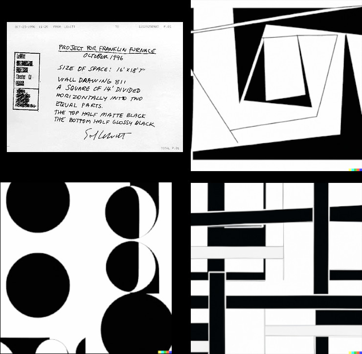Top left: instructions faxed by Sol LeWitt to Franklin Furnace for wall drawing #811 and three interpretatoins by DALL·E 2 (top right and bottom).